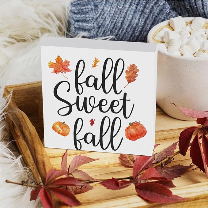 HTBIG Fall Wooden Box Sign Desk Decor, 5.1 X 5.1 Inch Pumpkin Autumn Wood Sign for Tiered Tray Decor for Home Living Room Harvest Day Thanksgiving Tabletop Decoration-Sweet Fall