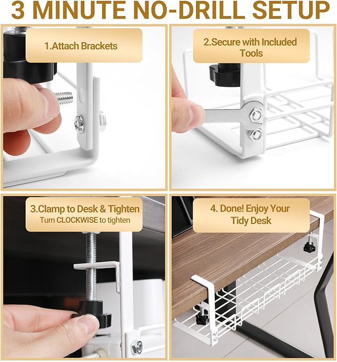 Under Desk Cable Management Tray, 15.7'' Metal Wire Organizer with Clamp, No Drill Desk Cord Rack for Cable Management, Computer Wire Organizer for Office and Home, Sturdy & Scratch-Free