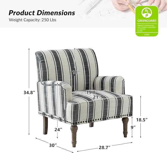 HULALA HOME Modern Armchairs Set of 2 with Wooden Legs & Nailhead Trim, Comfy Upholstered Accent Chairs for Living Room Bedroom Office(Stripe Pattern, Black)