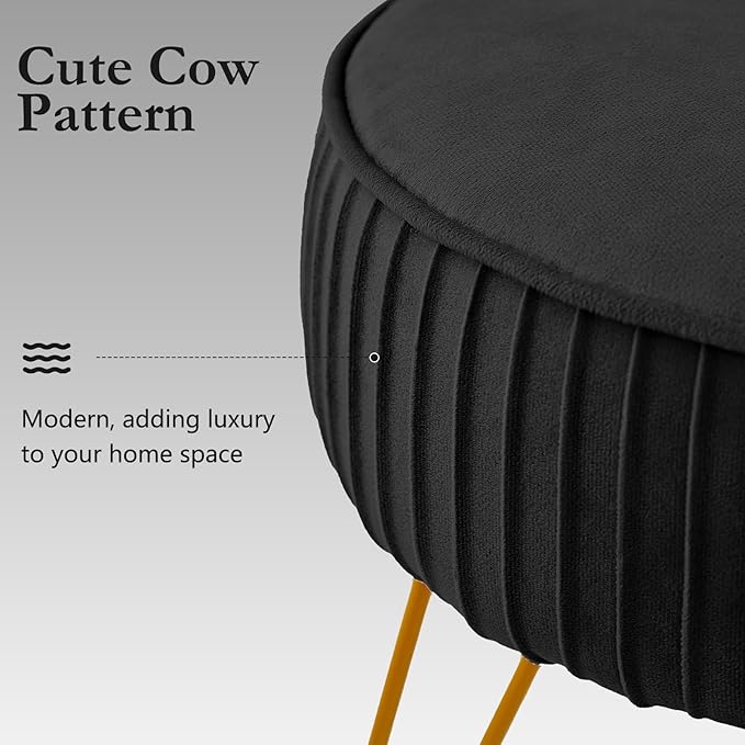 Velvet Vanity Stool Chair, Round Makeup Vanity Chair with Adjustable Metal Legs & Soft Padded Seat, Ottoman Foot Stool for Bedroom, Living Room, Entryway, Black