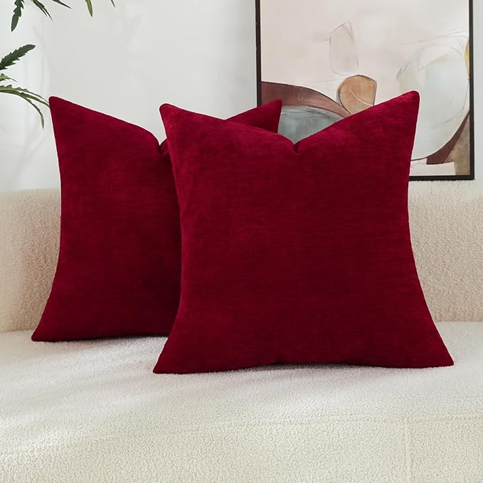 Santa Red Chenille Decorative Couch Throw Pillow Covers, Soft Cushion Cases for Home Livingroom Sofa Décor, Pack of 2, 20 x 20 Inches