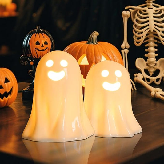 2 Pack Halloween Small Cute Ceramic Ghost Figurine Table Decor, 5.9" Ghost Figurines Decoration Family Statue Ghost Display Table Tray Fireplace Decorations, Halloween Tabletop Figurines Gift for Kids