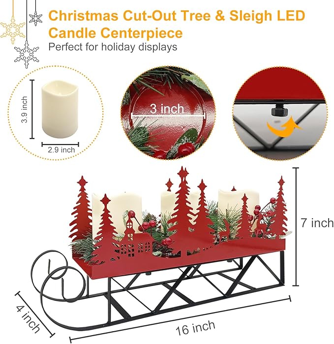 Christmas Sleigh Table Centerpieces Decorations, Xmas Red Cut-Out Tree Sleigh LED Candle Candelabrum with Timer Holiday Candle Holder for Home Party Table Mantel Decoration