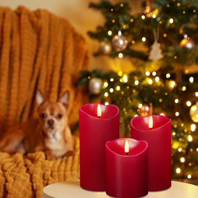 Eywamage Red Flameless LED Pillar Candles with Remote, Real Wax Flickering Battery Operated Christmas Candles Set of 3