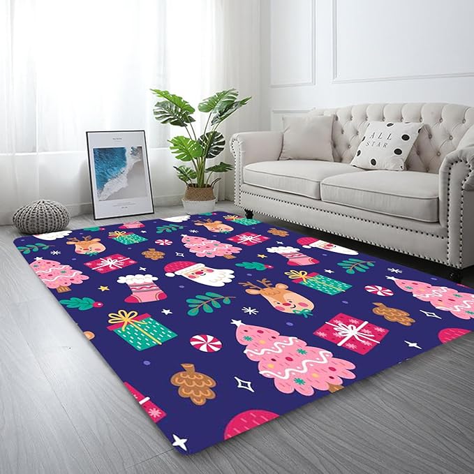 kxry Area Rugs 3X5 Feet, Christmas Soft Machine Washable Area Rugs Xmas Santa Claus Reindeer Xtmas Tree Non Slip Foldable Floor Carpet for Living Room Bedroom Dining Room Dorms Nursery Rooms Office
