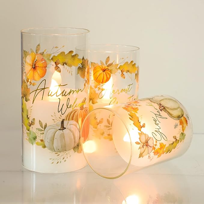 Glass Flameless Candles Flickering Battery Operated with Remote Pumpkin Theme Farm House Realistic Pillar Candle for Fall Decor Havest Celebration Home Party, Set of 3