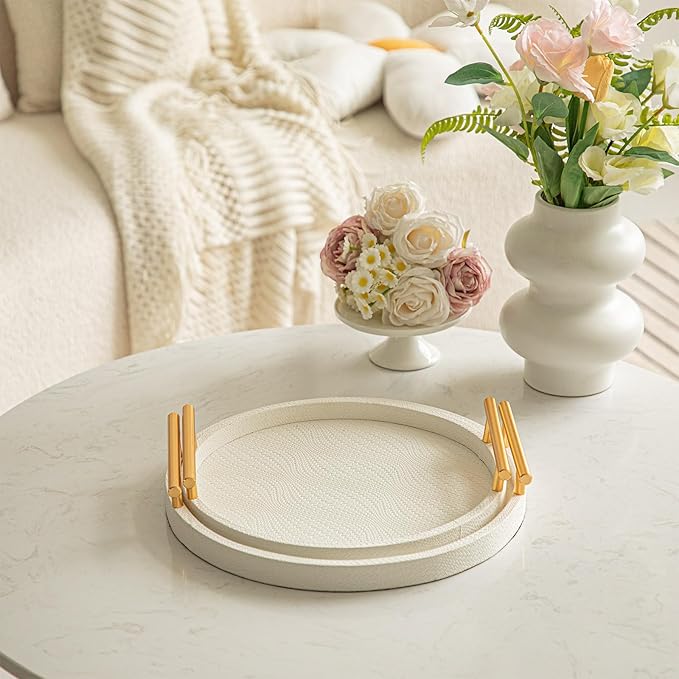 2 Piece White Round Serving Tray with Handles, Woven-Texture Faux Leather Ottoman Tray for Living Room, Decorative Tray for Coffee Table Home Decor