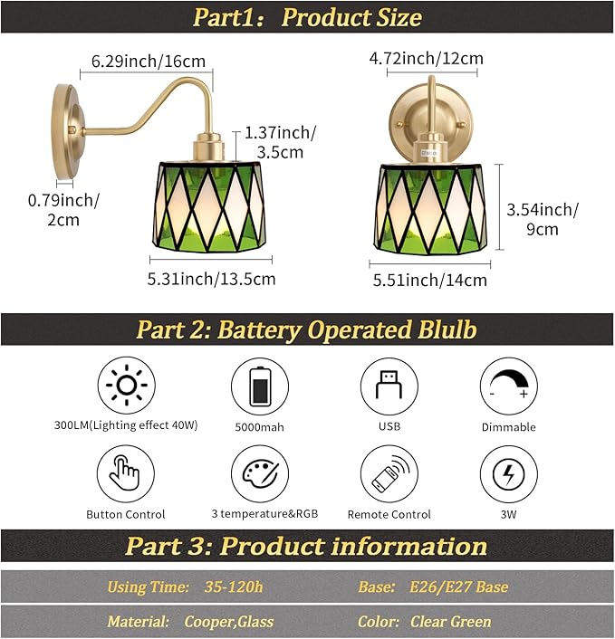 Vintage Battery Operated Wall Sconce Set of 2, 5000mAh Rechargeable Wall Lamp 12 RGB Colors Dimmable, Gold Lights Fixture for Bedroom Bathroom Living Room Hallway Clear Green Checker