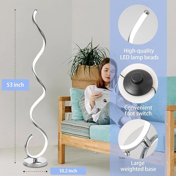 ADISUN LED Modern Floor Lamp for Living Room, Spiral Floor Lamp for Bedroom, 48W Dimmable Floor Lamps for Living Room Office Dining Room-Silver Remote Control