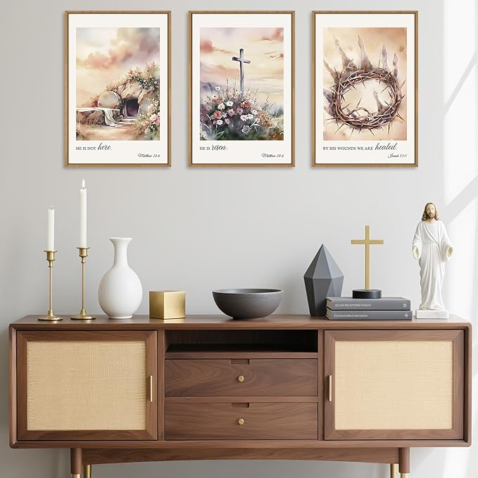 3 Pcs Christian Cross Framed Wall Art Set, Jesus Empty Tomb Canvas Decor, Christian Religious Bible Painting, Jesus Crucifixion Risen Easter Print for Living Room, Bedroom, Church 16X24inch