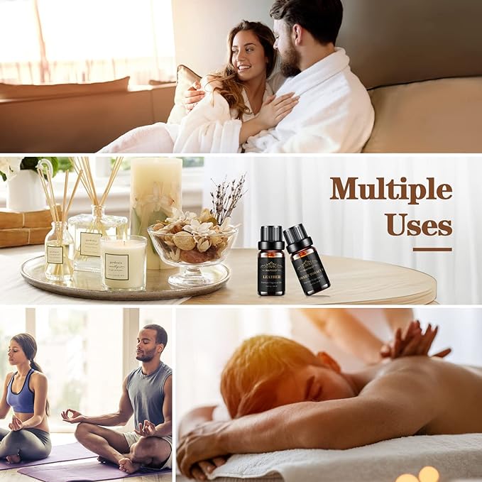 Essential Oils Set, Men Scents Fragrance Oil Aromatherapy Essential Oils Kit for Diffuser (6x10ML) - Sandalwood, Cedar, Leather, Sweet Tobacco, Rum, Cologne Aromatherapy Oils Gift for Men