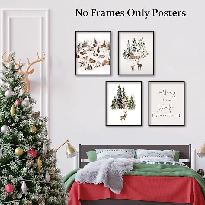 TFKFJLF Winter Scene Wall Art Poster Decor, Winter Wonderland Deer Pictures Decor Wall Art, Rustic Christmas Decorations for Bedroom Bathroom Living Room Office, Unframed 8x10in Set of 4