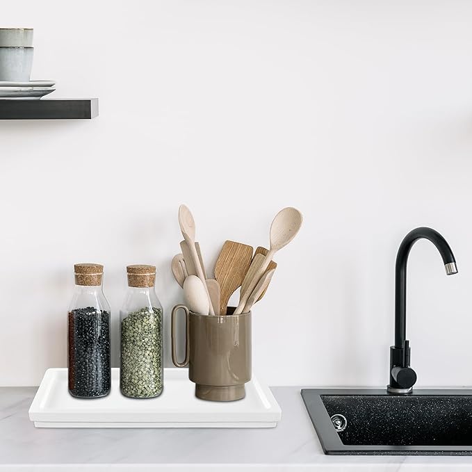 Acacia Rectangle Organizer Tray - 11.8 x 5.9 Inches, Soap Tray for Bathtub Countertop Sink Dresser Toilet Tank - Home Decoration for Jewelry Dish Key Plate (White)