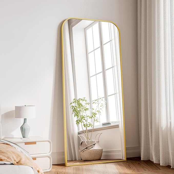 Koonmi Full Length Mirror, 65"x24" Mirror Full Length with Stand, Gold Domed Top Square-Edged Floor Mirror with Aluminum Alloy Frame for Bedroom Living Room