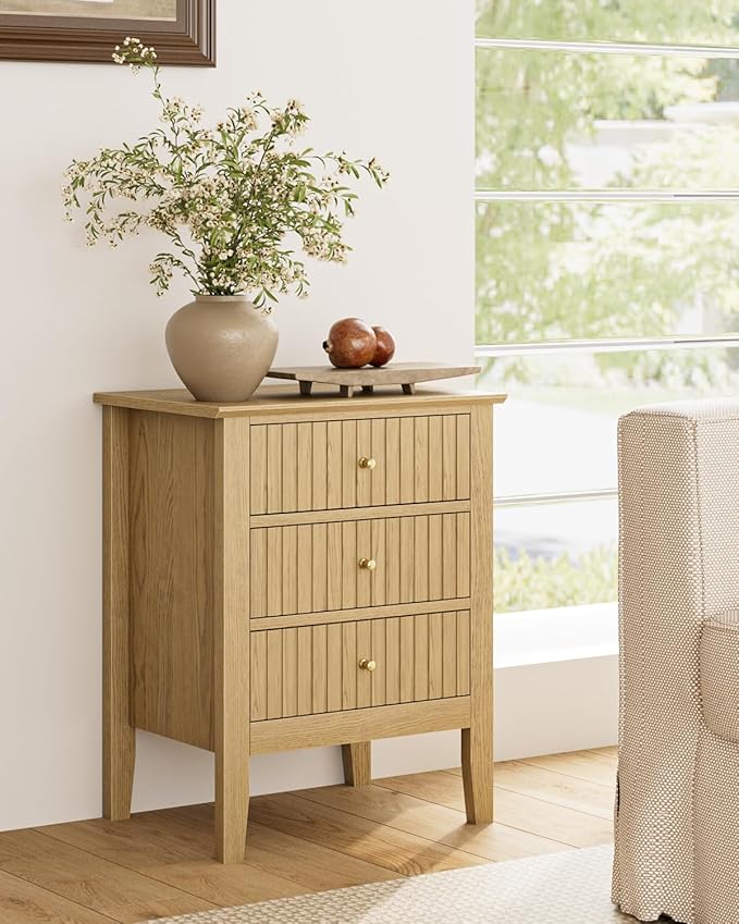 Fluted Nightstand, Farmhouse Night Stand with 3 Drawers, Mid Century Modern Side Accent Table,Bedside End Table for Bedroom, Living Room, Oak
