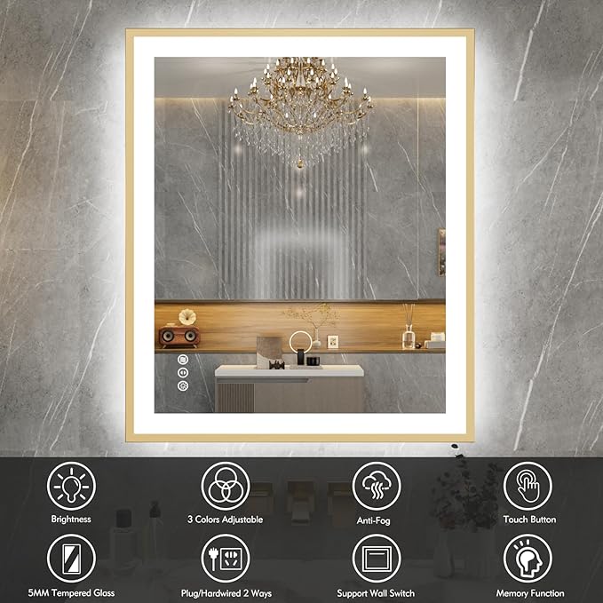 30x36 LED Bathroom Mirror with Gold Frame, Backlit and Front Lighted Bathroom Mirrors for Wall, Anti-Fog, Dimmable, Memory, Shatterproof, LED Vanity Mirror for Bathroom(Horizontal/Vertical)