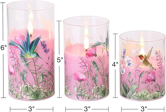 Pink Hummingbird Glass Flameless Candles with Remote, Flickering LED Pillar Candles Set of 3, Floral Candles Battery Operated Φ 3" H 4" 5" 6"