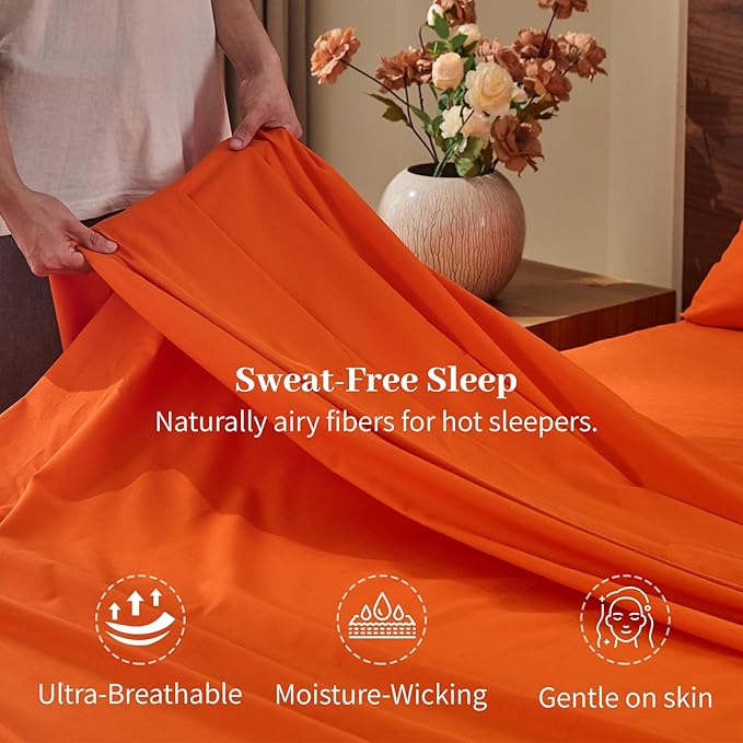 MEISHANG 100% French Pure Linen Sheets Queen Size - Bed Sheets 4 Piece Sets, Soft Durable Flax Linen, Anti-Tear Breathable Oeko-Tex Certified with 16" Deep Pocket (Orange)