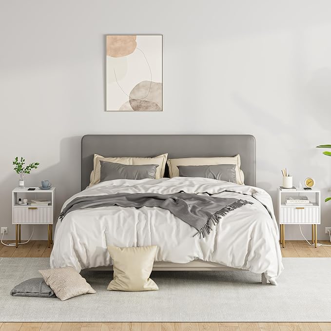 Masupu Nightstand with Charging Station,Mid-Century Modern Bedside Table with Storage Drawer and Open Wood Shelf,Small Gold Frame Side Table for Bedroom,Living Room (White Fluted)