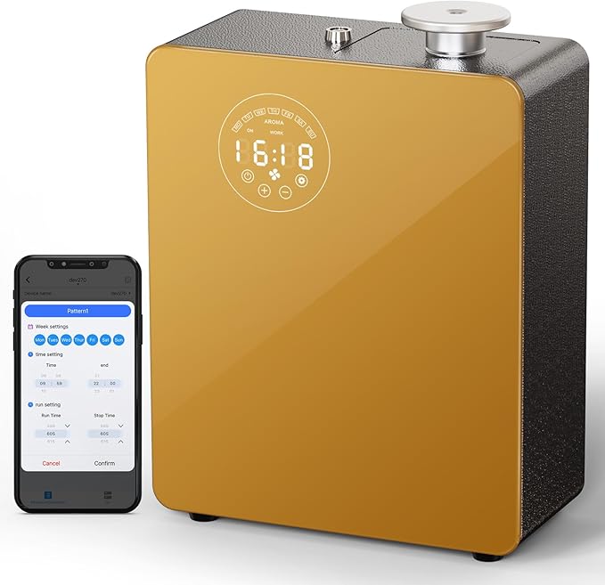 Smart Waterless Diffuser - Scent Air Machine for Home & Commercial Use, Covers 3000 sq. ft., Nebulizing HVAC or Portable Large Room Waterless Diffusers, Touch & Bluetooth Control, Metal, Golden