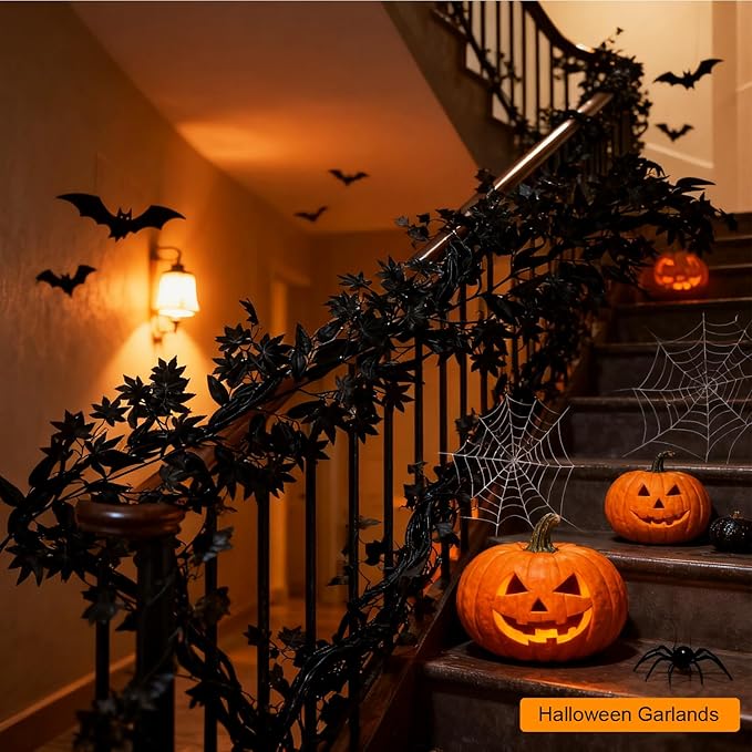 2PCS 6FT Black Maple Leaf Garland, Halloween Artificial Hanging Fall Leave Vines, Fall Floral Garlands Thanksgiving Decor and Home Wedding Party