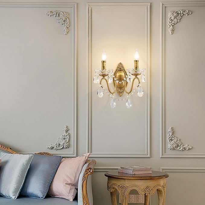 Crystal Wall Sconce, Gold Wall Sconces, Gold Sconces Wall Set of 2, for Living Room, Bedroom, Bathroom,Vanity