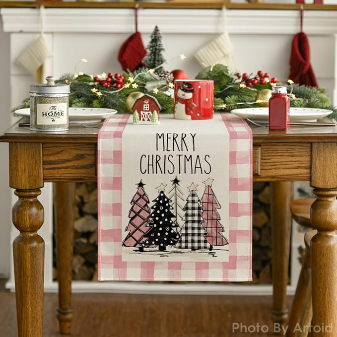 Artoid Mode Watercolor Pink Buffalo Plaid Christmas Trees Merry Xmas Table Runner, Seasonal Winter Holiday Kitchen Dining Table Decoration for Indoor Outdoor Home Party Decor 13 x 90 Inch