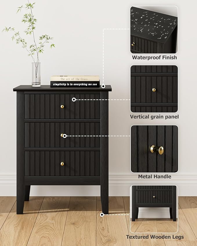 Fluted Nightstand, Farmhouse Night Stand with 3 Drawers, Mid Century Modern Side Accent Table,Bedside End Table for Bedroom, Living Room, Black