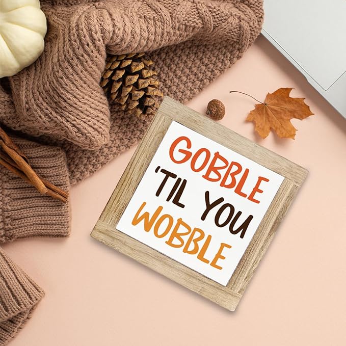 Funny Thanksgiving Signs, Fall Decor Art, Autumn Wood Decoration, Decorative Wooden Plaque for Home Party, Farmhouse Wooden Table Signs, Box Sign Wood Desk Sign 5.9X5.9X0.7inches