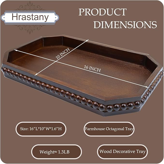 Retro Brown Wood Serving Tray with Beads, Farmhouse Decorative Tray for Table Centerpiece, Christmas Wedding Halloween Home Decor