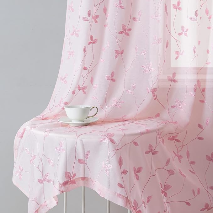 HOMEIDEAS Pink Sheer Curtains 52 X 84 Inches Length 2 Panels Embroidered Vine Floral Pattern Pocket Faux Linen Semi Sheer Voile Window Drapes for Bedroom Living Room