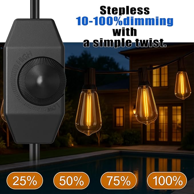 100ft Outdoor String Lights with Rotary Dimmer, 52 LED Edison Bulbs, Dimmable Waterproof Shatterproof 2200K Warm