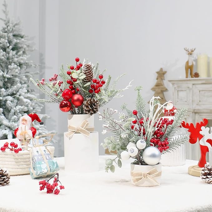 2PCS Small Christmas Tree,11" Artificial Little Potted Mini Tabletop Tree Christmas Decorations, for Wedding Holiday Indoor Xmas Party Decor (Red/Green/White).