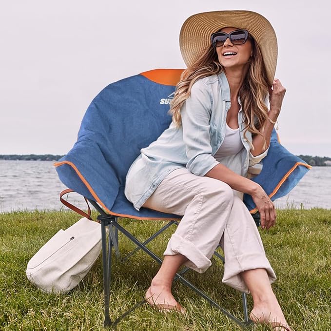 OUTDOOR LIVING SUNTIME Oversized Padded Camping Chair,Portable Comfy Outdoor Folding Moon Round Saucer Chairs for Adults with Holder and Carry Bag, Perfect for Hiking Lawn Patio Sports(Denim 2 Pack)