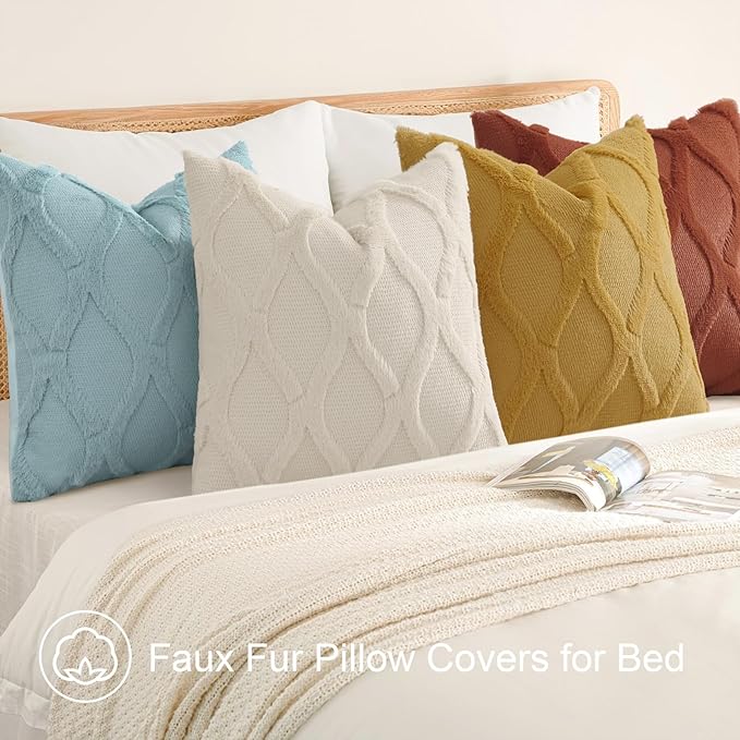 decorUhome Set of 4 Throw Pillow Covers 16x16 Inch, Neutral Decorative Soft Plush Faux Wool Couch Pillow Covers, Farmhouse Pillow Cases for Living Room Bed Sofa (Beige/Rust)
