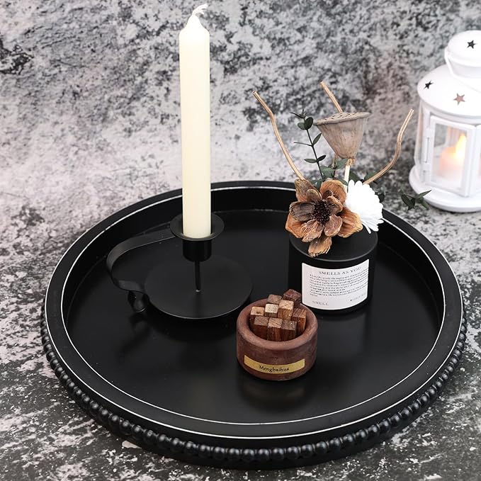 Black Round Wood Decorative Ottoman Tray for Coffee Table Kitchen Counter, Living Room, Handcrafted Wooden Serving Tray for Table Centerpiece