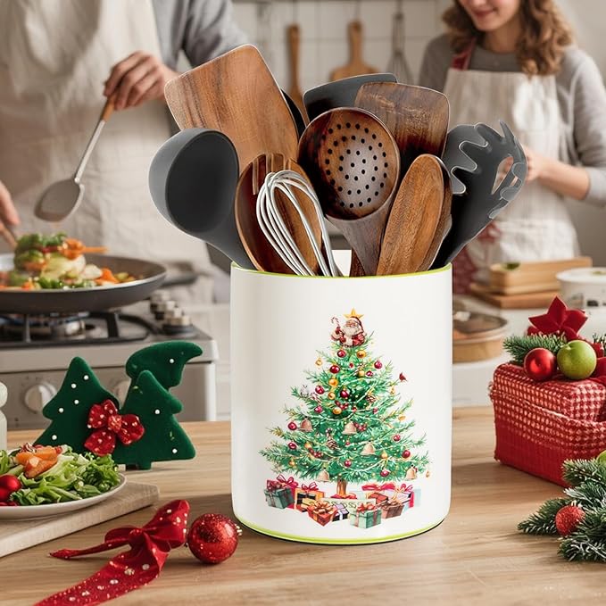 Christmas Utensil Holder, Christmas Tree Utensils Holder for Christmas Kitchen Decor, Xmas Cute Ceramic Utensils Crock for Rustic Farmhouse Indoor Kitchen Decorations