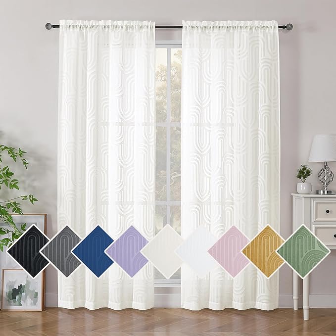 Simplebrand Sheer Ivory Curtains 72 Inches Long 2 Panels for Window, Geometric Mid Century Light Filtering Semi Sheer Curtains for Front Back Patio Glass Door with Rod Pocket, 42" Wx72 L