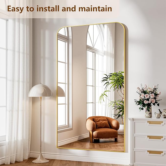 Koonmi Full Length Mirror, 81"x41" Mirror Full Length with Stand, Gold Domed Top Square-Edged Floor Mirror with Aluminum Alloy Frame for Bedroom Living Room