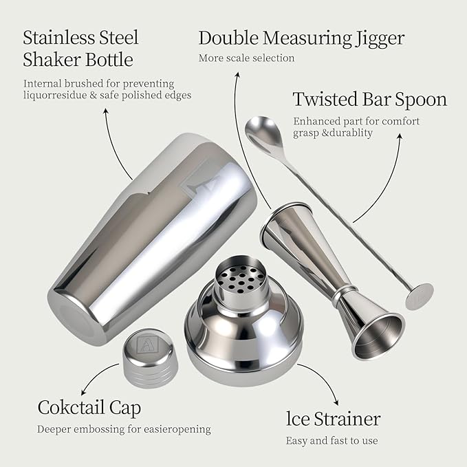 24oz Cocktail Shaker Set with 1 oz 2oz Jigger - Monogramm Initials Martini Shaker Set - 304 Stainless Steel Bar Shaker for Margarita,Mojito-Personalized Gift for Friend,Husband-I