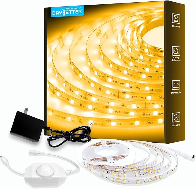 DAYBETTER Warm White LED Strip Light,16.4 ft Dimmable Bright Rope Light,3000K 12V LED Light Strip,Super Bright LED Tape Lights for Bedroom,Kitchen,Mirror,Home Decoration