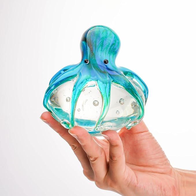 QFkris Qf Handmade Octopus Blown Glass Figurine Gift for Christmas, Birthday Home Decor Blue-Green Paper Weight