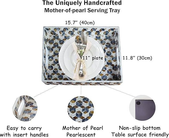PEMAR Rectangular Mother of Pearl Serving Tray Coffee Table Ottoman Tray w Insert Handles, Luxury Decorative Handmade Eating Tray (Geometric Cube Pattern)