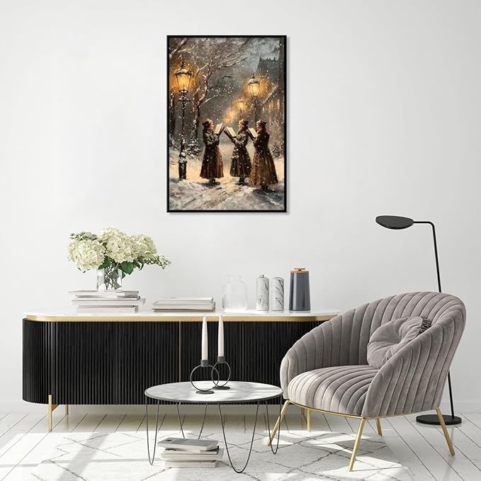Medpol Vintage christmas wall art snow christmas carolers moody wall decor winter canvas poster for holiday decor apartment dormitory black framed12x18inch