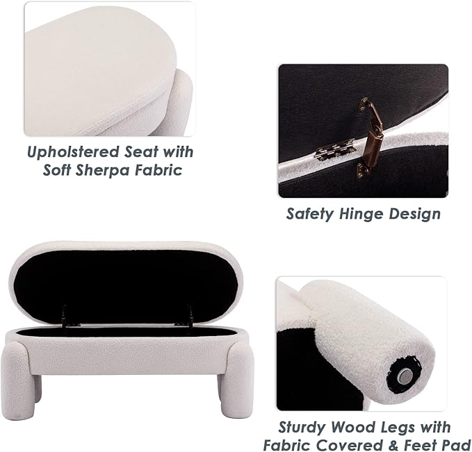 DUOMAY Sherpa Storage Ottoman Bench, Upholstered Fabric Storage Bench End of Bed Stool for Bedroom Living Room Entryway, 44.75" Width, White