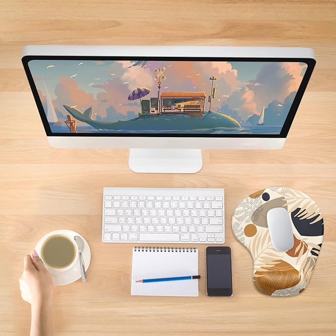 Hsurbtra Ergonomic Mouse Pad with Wrist Rest Support, Gel Mouse Pads with Non-Slip PU Base, Pain Relief Memory Foam Computer Mat, Cute Office Supplies Desk Decro Accessories, Brown