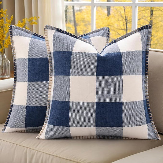 decorUhome Buffalo Plaid Check Throw Pillow Covers 20x20 Set of 2, Outdoor Linen Decorative Farmhouse Gingham Pillow Covers with Stitched Edge for Bed Couch Sofa, Navy Blue and White