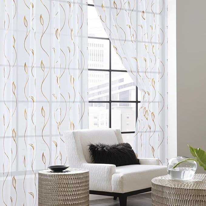 Gold Foil Print Sheer Curtains 84 inches Long, 2 Panels Ginkgo Bronzing Treatment Sheer Curtain, Rod Pocket Window Treatment Panels for Bedroom Living Room
