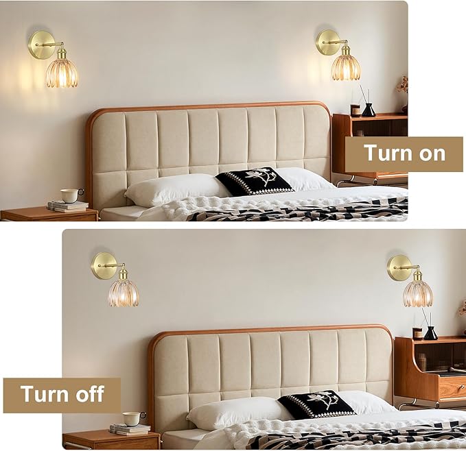 Vintage Wall Sconces Set of Two,Hardwired Wall Lights with Amber Tulip Glass Lampshade,Gold Wall Lamps for Bedroom Bedside Stairway Bathroom Living Room(Bulbs Not Included)