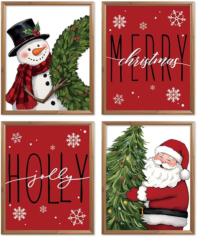 Wheatwin Christmas Decor, Merry Christmas Snowman Santa Claus Wall Art Prints Set of 4, Christmas Pictures Wall Decor for Farmhouse Living Room Bedroom Office, 8x10 (Unframed)